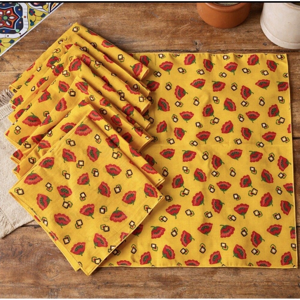 Vintage Neiman Marcus NEW Cotton Napkins Set of 8 Yellow Floral Folk Art